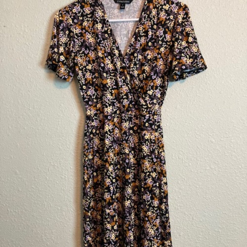 41 Hawthorne NWT Black Floral Print Faux Wrap Dress